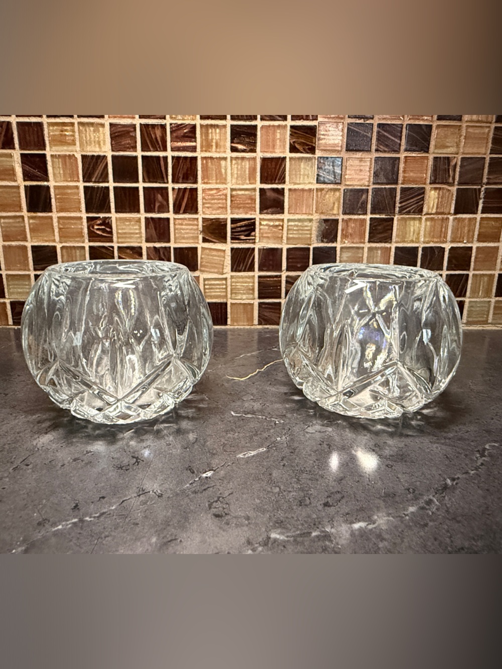 Vintage Clear Glass Faceted Votive Candle Holders - Set of 2